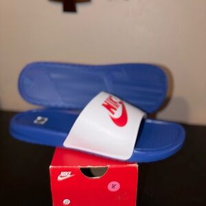Brand New Nike White and Blue Slides with Red Logo